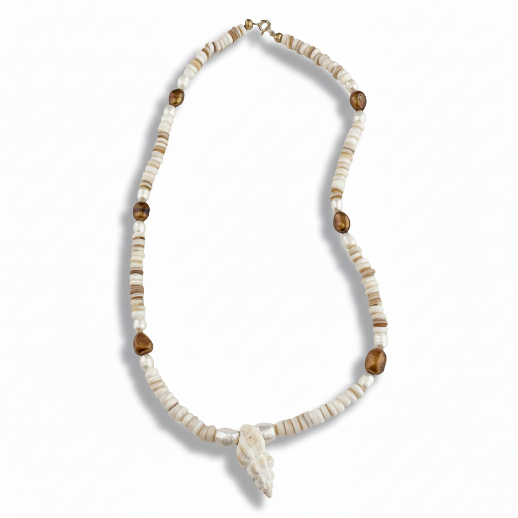 Photo studio - Collier perles blanc/brun